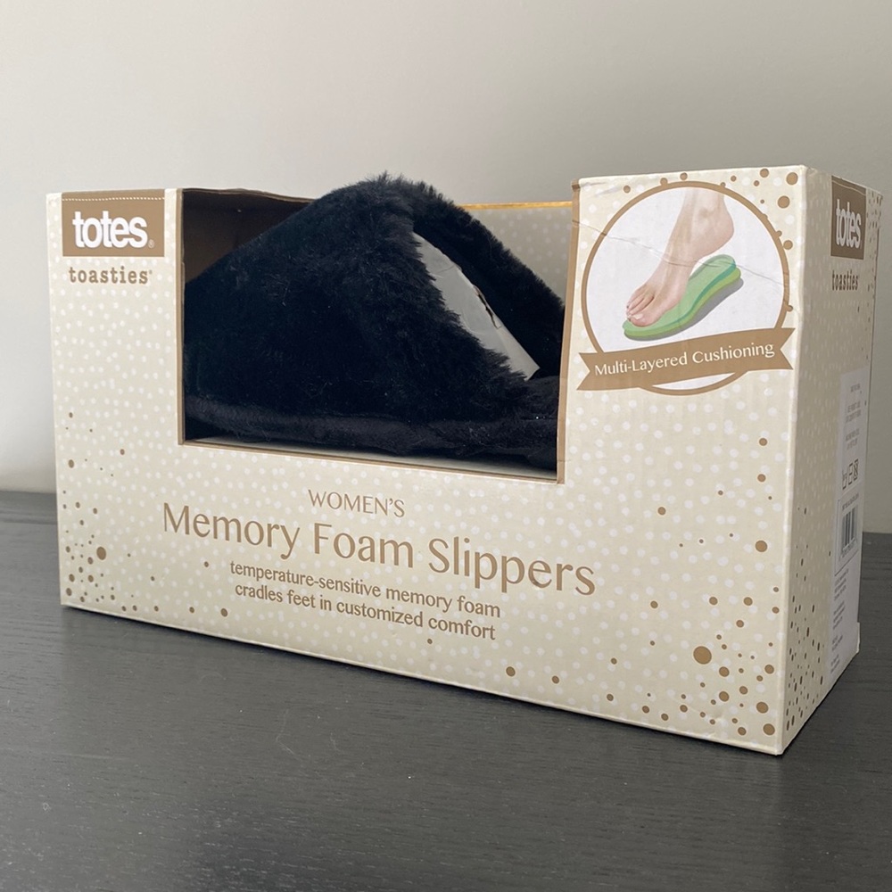 NEW Totes Toasties black furry slip on memory foam slippers 8 9 large
